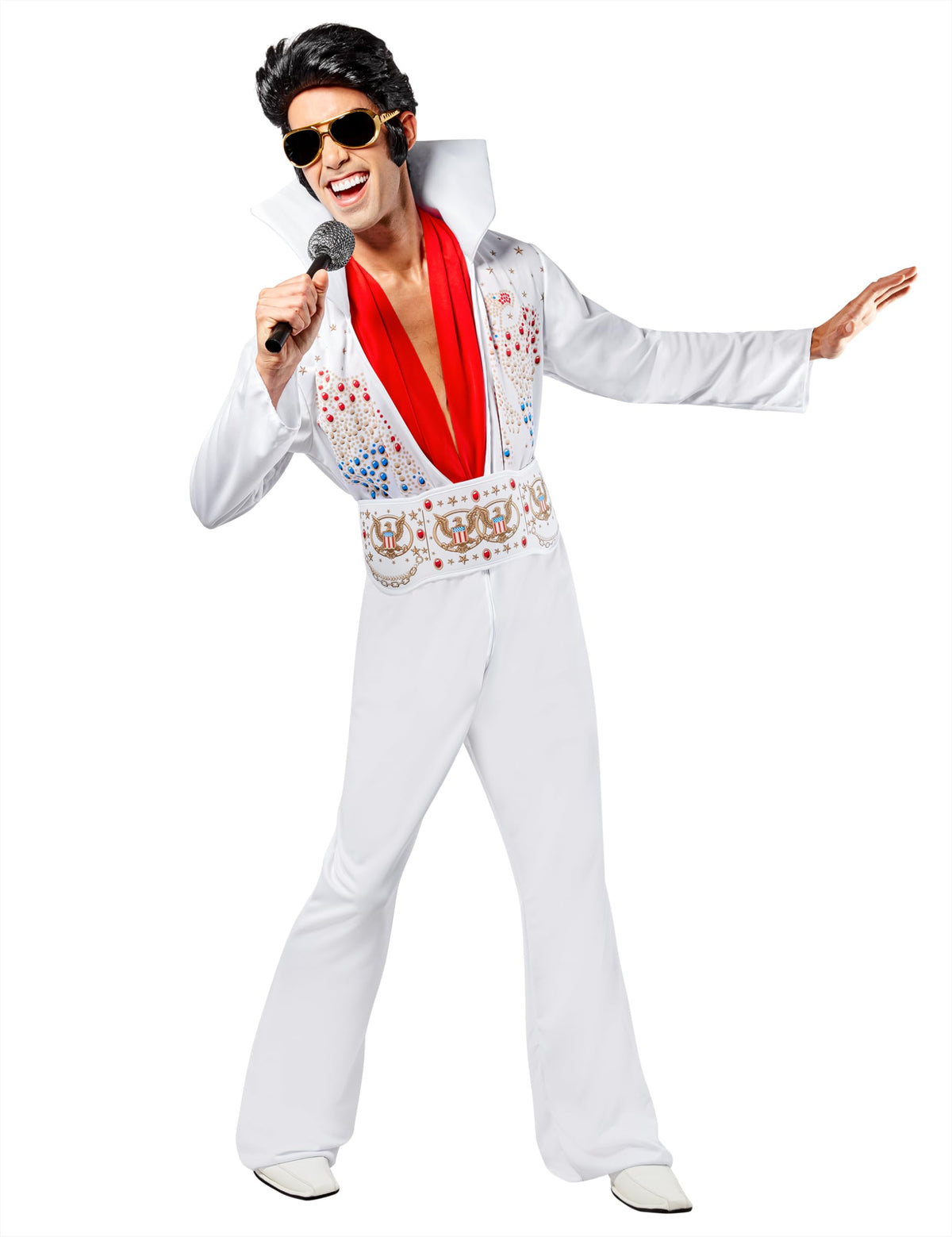 Rubies Elvis Presley adult costume, a white jumpsuit with printed gems, belt and red scarf