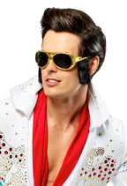 Elvis Presley costume sunglasses: gold-rimmed aviators with attached black sideburns