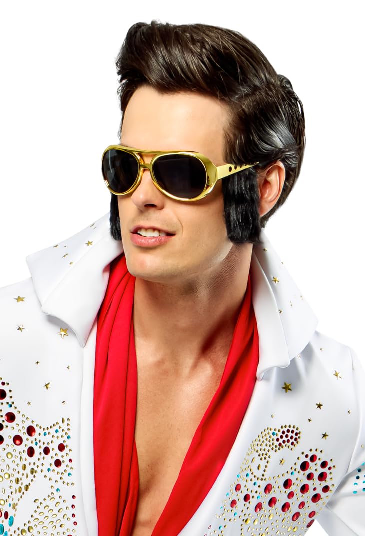Elvis Presley costume sunglasses: gold-rimmed aviators with attached black sideburns