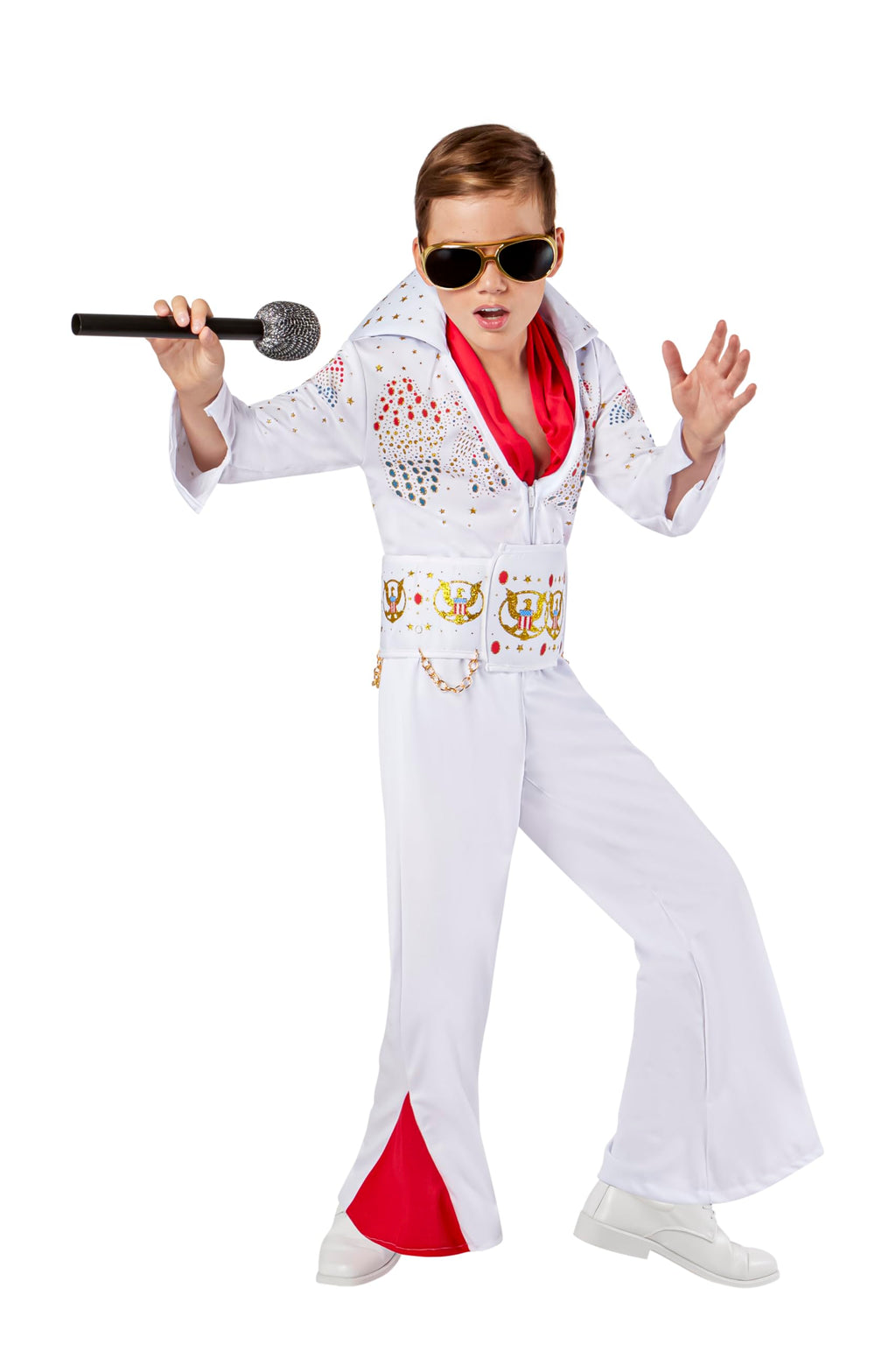 Kids' Elvis Presley costume: white jumpsuit with red-insert flared legs, glitter eagle back design, belt and red scarf