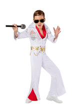 Kids' Elvis Presley costume: white jumpsuit with red-insert flared legs, glitter eagle back design, belt and red scarf