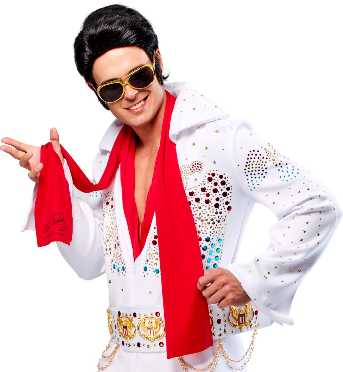 Elvis Presley costume scarves: set of three red scarves printed with the Elvis signature