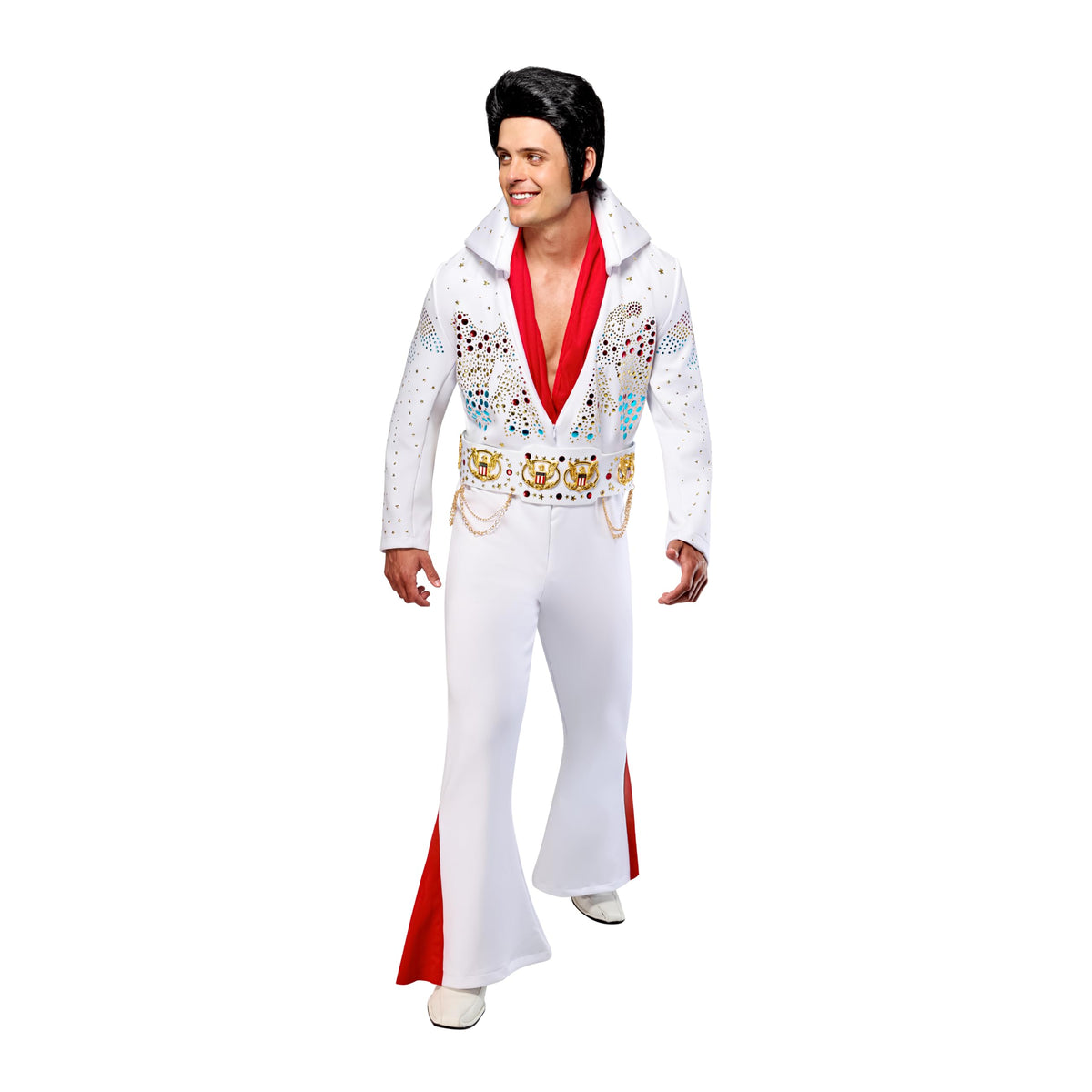 Grand Heritage Elvis costume: white jumpsuit bejewelled with gold, red and blue American eagle patterns