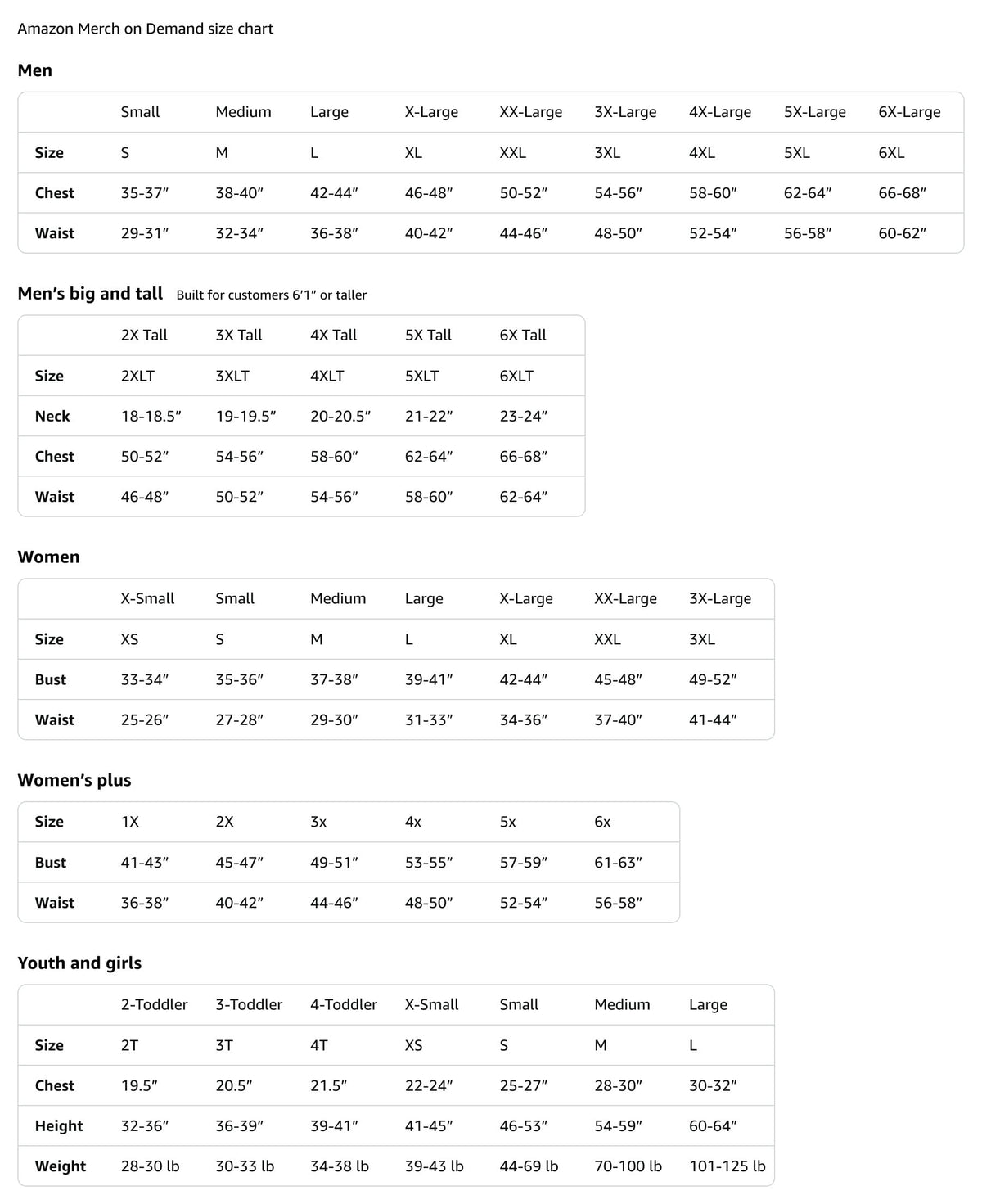 Size chart