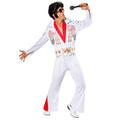 Men's Deluxe Aloha Elvis costume: white jumpsuit with red-insert flared legs, glitter eagle design, belt and red scarf