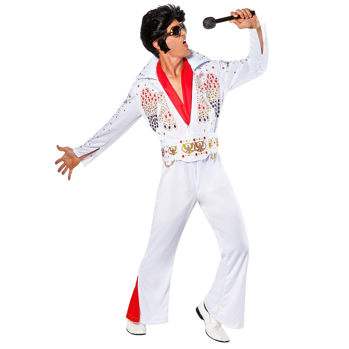 Men's Deluxe Aloha Elvis costume: white jumpsuit with red-insert flared legs, glitter eagle design, belt and red scarf