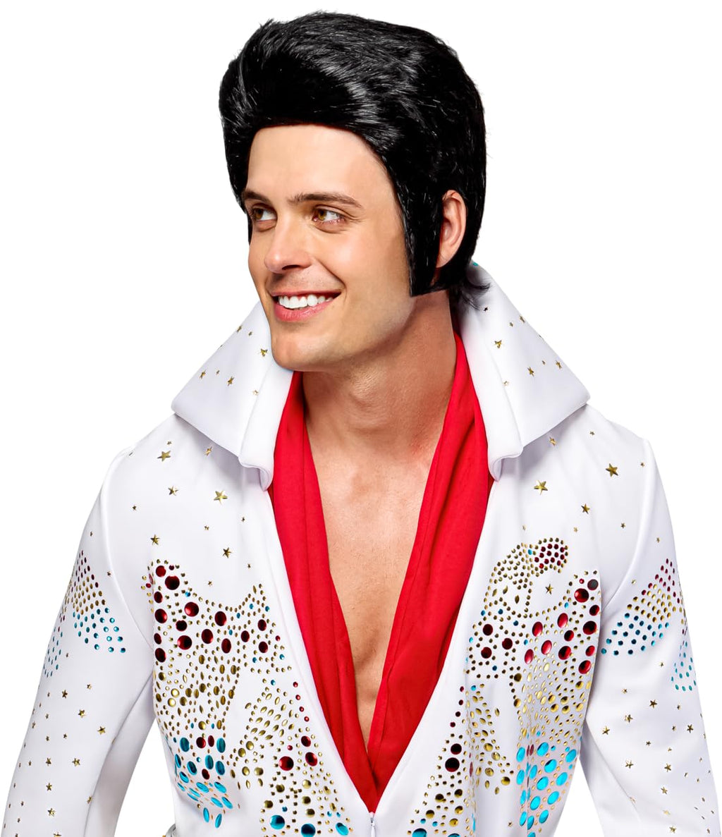 Elvis Presley costume wig for adults: black pompadour wig with attached sideburns