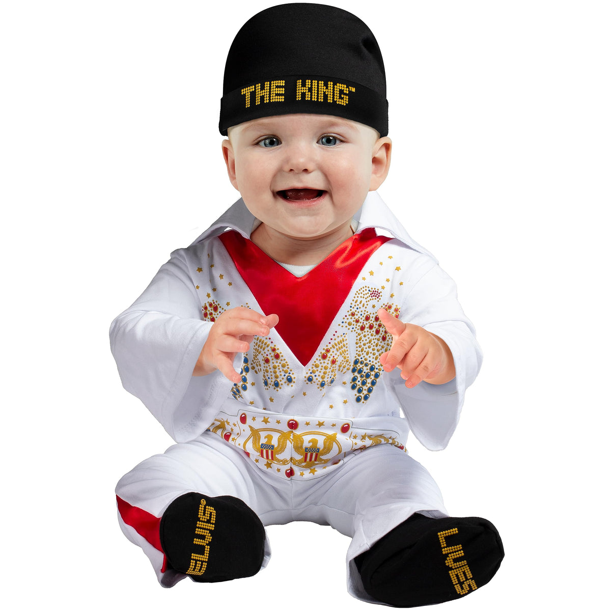 Baby Elvis Presley costume: white Aloha-print jumper with matching pants, hat and booties
