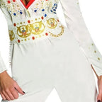 Women's Elvis costume belt detail: white belt with gold eagle medallions, coloured gems and hanging gold chain