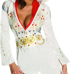 Women's Elvis costume bodice detail: red, blue and gold printed gems with plunge neckline and star-print sleeves