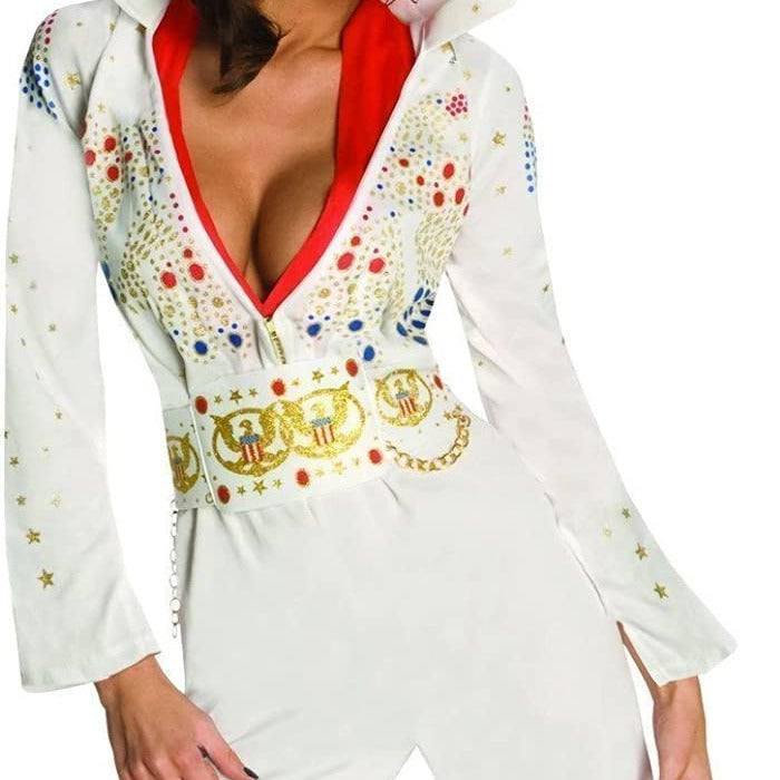 Women's Elvis costume bodice detail: red, blue and gold printed gems with plunge neckline and star-print sleeves