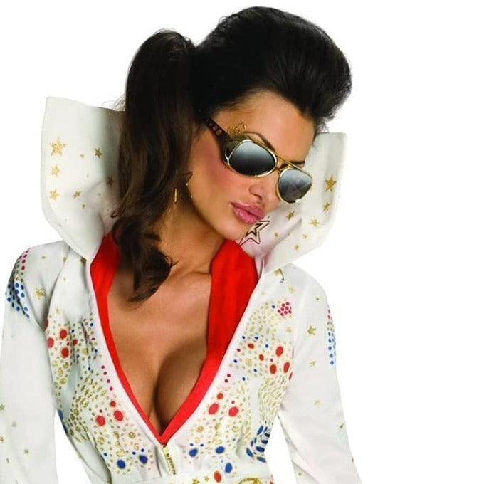 Women's Elvis costume collar detail: high upturned white collar with gold stars and red-lined V neckline